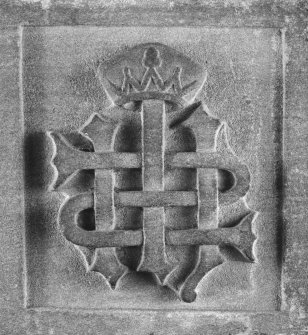 Font from Kinkell Old Parish Church now in St John's Episcopal Church, Aberdeen.
Detail of panel bearing the crowned monogram IHS.
