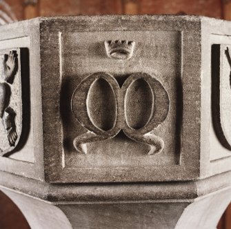 Font from Kinkell Old Parish Church now in St John's Episcopal Church, Aberdeen.
Detail of panel bearing the crowned initial M.