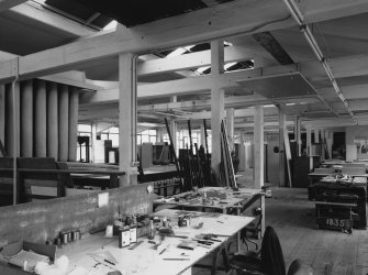 Aberdeen, York Place, Hall Russell Shipyard.
General interior view from North on top floor of joiners' shop, showing the concrete-framed structure of the building.