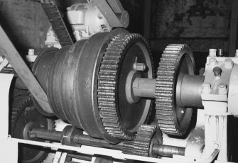 Aberdeen, York Place, Hall Russell Shipyard.
North end of East bay in former engine works. Detail of cone-pulley drive and back gears for lathe.