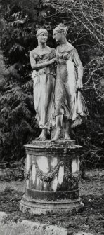 Inveraray Castle, garden.
View of statuary group of the Campbell sisters.