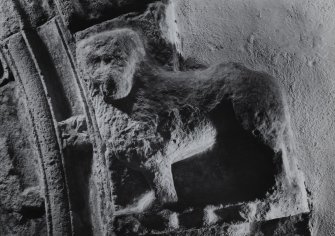 Iona, St Oran's Chapel.
Detail of tomb recess showing West label-stop with lion.
