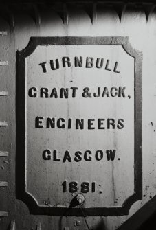 Bruichladdich Distillery, Islay.
Detail of makers name plate on heating tank (copper), Mash house.
Turnbull, Grant and Jack, Engineers, Glasgow. 1881'