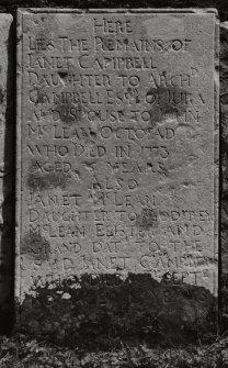 Kilarrow burial ground, Kilarrow.
View of headstone to Janet Campbell, 1773.