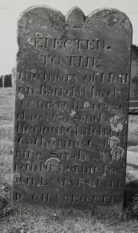 Headstone to Helen Baird, Kilchoman Church.
View of headstone inscr: ' Erected to the memory of Hellen Baird, who died 24th March, 1841, aged 40 years and also her four children Catherine, Catherine, Sarsh and William by her husband Willm. Marshall Pt. Charlotte:'