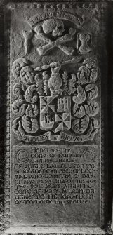 Jura, Cill Earnadail, Campbell of Jura Mausoleum.
View of tomb slab with inscription dedicated to Duncan Campbell'.
Insc: 'O here lyes the corps of duncan Campbel Bailie of Jura & lawful son to Alexaner Campbel of Loch Mel who dyed the 2d day of May 1695 and of his age the 99th years and the corps of Mary McLean daughter to Hector McLean of Torloisk his spouse'.