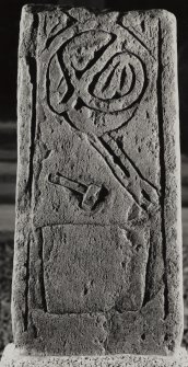 Keills Chapel,  West Highland stone.
View of fragment of West Highland cross-shaft with flash.