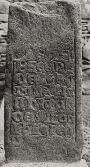 Keills Chapel,  West Highland stone.
View of fragment of West Highland cross-shaft in daylight.