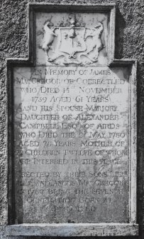 Lismore, St Moluag's Cathedral.
View of East wall showing headstone of James MacGregor.
Insc: 'In memory of James MacGregor of Correctled who died 15th November 1759 aged 61 years and his spouse Marjory daughter of Alexander Campbell Esq of Airds who died the 2nd May 1780 aged 78 years mother of children twelve of whom are interred in this place. 
Erected by their sons Lieu Alexr. and Angus MacGregor 1787 being the seventh generation born at Correctled'.