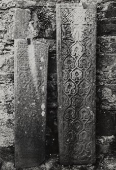 View of two West Highland slabs, GF7(L) and GF8(R), from Inchkenneth Chapel, Mull.