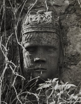Mull, Torosay Castle. 
Detail of carved head set into garden wall.