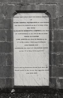 Mull, MacQuarrie's Mausoleum.
View of memorial tablet dedicated to 'Major General MacQuarie' and his wife, son and daughter.
