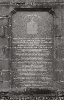 Mull, MacQuarrie's Mausoleum.
View of memorial tablet dedicated to 'Major General Lachlan MacQuarie'.