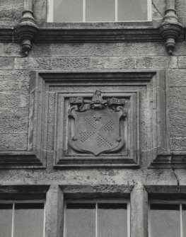 Mull, Torosay Castle.
View of armorial panel above North West entrance on North West elevation.