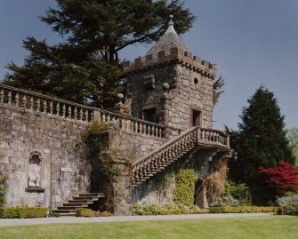 Mull, Torosay Castle.
View of staircase and North garden pavilion from East.