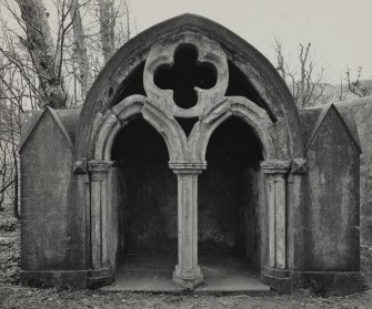 General view of 13th century architectural fragments from Dunblane Cathedral, incorporated into the grotto at Oatfield House. 
