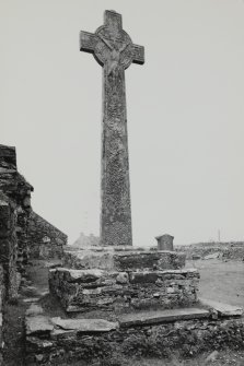 Oronsay Priory, Great Cross.
General view from West of cross showing interlace and Christ crucified.
