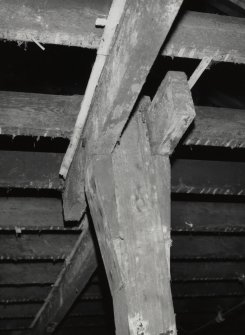 Oban, Stafford Street, Oban Distillery, Bonded warehouse Number six, interior.
Top floor, detail of head of wooden column.