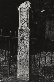 Oblique view of fragmented cross shaft from Saddell Abbey, Kintyre.