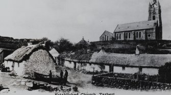 Tarbert, Parish Church & Thatched Cottages.
General view from North-West.
Titled: 'Established Church, Tarbert'.
