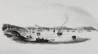 Photographic copy of engraving showing general view.
Titled: 'Rothesay'.
Copied from 'The Victoria and Albert Tour', W H Lizars, c 1849.