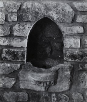 Detail of piscina.
Note on negative bag; 'St Mary's, Biggar Church 1935'