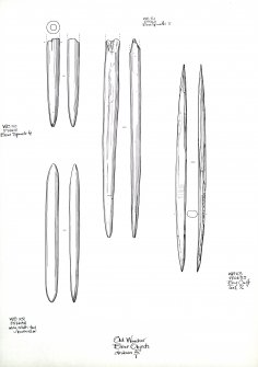 Inked drawing of worked bone objects 20 (bone spindle 4), 21 (bone spindle 5), 22 (ivory craft-tool burnisher) and 23 (bone craft tool) for Old Windsor, Kingsbury, Berkshire, England.