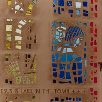 Interior
Detail of stained glass on South wall.