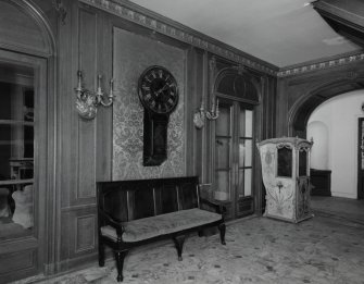 Interior, view of hall from South West showing Jansen designed interior with glazed doors and sedan chair
