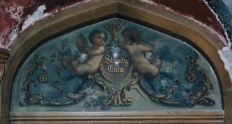 Interior, detail painted tympanum over entrance lobby door