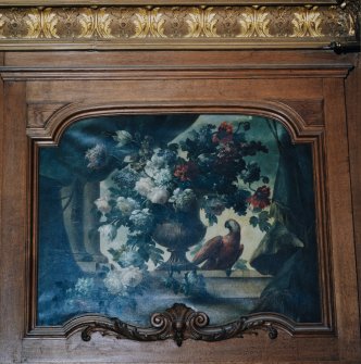 Interior, detail of hall painted panel and gilded woodwork