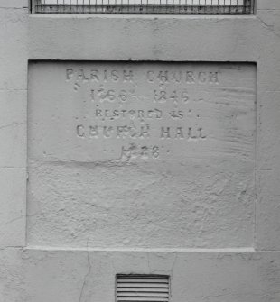 Detail of plaque ' PARISH CHURCH 1766-1846 RESTORED AS CHURCH HALL1888'