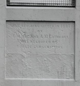 Detail of plaque 'THIS BUILDING GIFTED IN 1887 BY COL THE HON A M CATHCART WAS RESTORED BY PUBLIC SUBSCRIPTION'