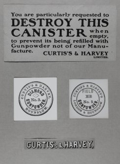 Details of labels for Curtis and Harvey gunpowder.