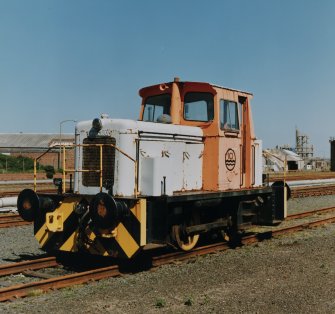Detail of typical ICI Ardeer standard-gauge diesel locomotive, made in 1968 by Andrew Barclay of Kilmarnock (Caledonia Works), parked in railway sidings [NS 283 405] adjacent to General Stores and Offices (building 43) [NS 2828 4047]