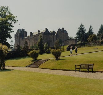 General view from E looking across walled garden to castle.