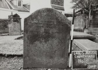 View of headstone in commeration of Janet Brown. 
Insc: "Erected by William Brown In Memory of His Daughter Janet..."
Largs Parish Churchyard No.89
