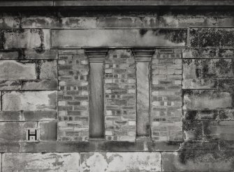 Glasgow, Balmore Road, Lambhill Cemetery.
Detail of bricked-up window in  North waiting room.