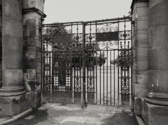 Glasgow, Balmore Road, Lambhill Cemetery.
Detail of cast iron entrance gates.