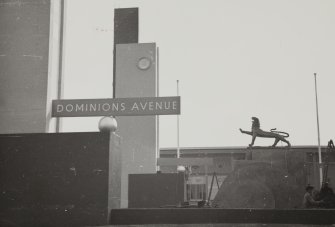 Detail of Lake Pylons and mechanism for Panatolic Jets, with Dominions Avenue sign in foreground