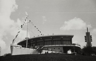 The Atlantic Restaurant - 'Restaurant de luxe', seating 100 people. View of principal front showing ship's prow terrace and mast.