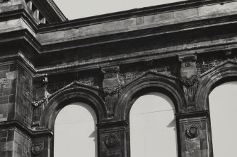 Glasgow, 10 Craigpark, Regent Place Church.
Detail of West facade windows, tympanum and cornice.