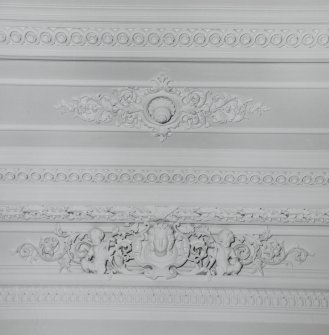 Glasgow, 4 Clairemont Gardens, Buchanan Bridge Club, interior.
Detail of plasterwork on ceiling of North room, ground floor.