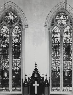 Glasgow, 71, 73 Claremont Street, Trinity Congregational Church, interior.
Detail of stained glass windows at North end of church.