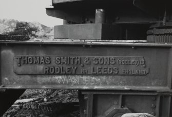 Glasgow, Clyde Iron Works.
Detail of pivot gear of mobile crane with maker's plate.
Insc: 'Thomas Smith & Sons (Rodley Ltd). Rodley Nr Leeds England.'
