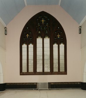 Glasgow, 69 Dixon Road, New Bridgegate Church, interior.
General view of stained glass window in West wall of Church.