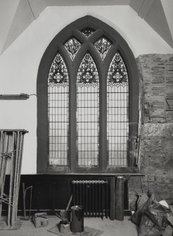 Glasgow, 69 Dixon Road, New Bridgegate Church, interior.
General view of stained glass window in South wall of hall.
