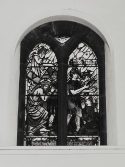 Glasgow, 69 Dixon Road, New Bridgegate Church, interior.
View of stained glass window in North wall of Church.
Insc: 'Ecce Homo'.