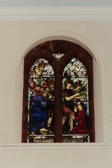 Glasgow, 69 Dixon Road, New Bridgegate Church, interior.
View of stained glass window in North wall of Church.
Insc: 'Ecce Homo'.