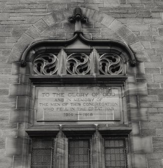 Glasgow, 69 Dixon Road, New Bridgegate Church.
Detail of memorial plaque at base of tower.
Insc: 'To The Glory Of God And In Memory Of The Men Of This Congregation Who Fell In The Great War. 1914-1918'.
